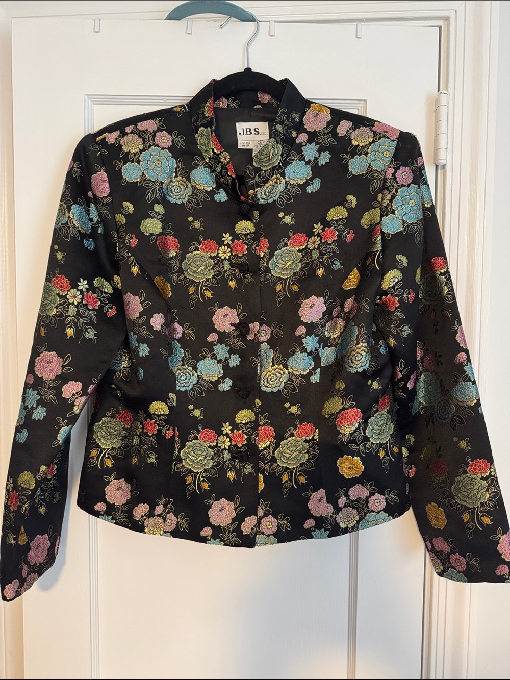 J.B.S. Black Floral Brocade Blazer with Multicolor Flowers